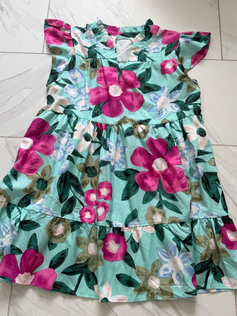 SHEIN Aqua Floral Tiered Dress with Magenta Blooms